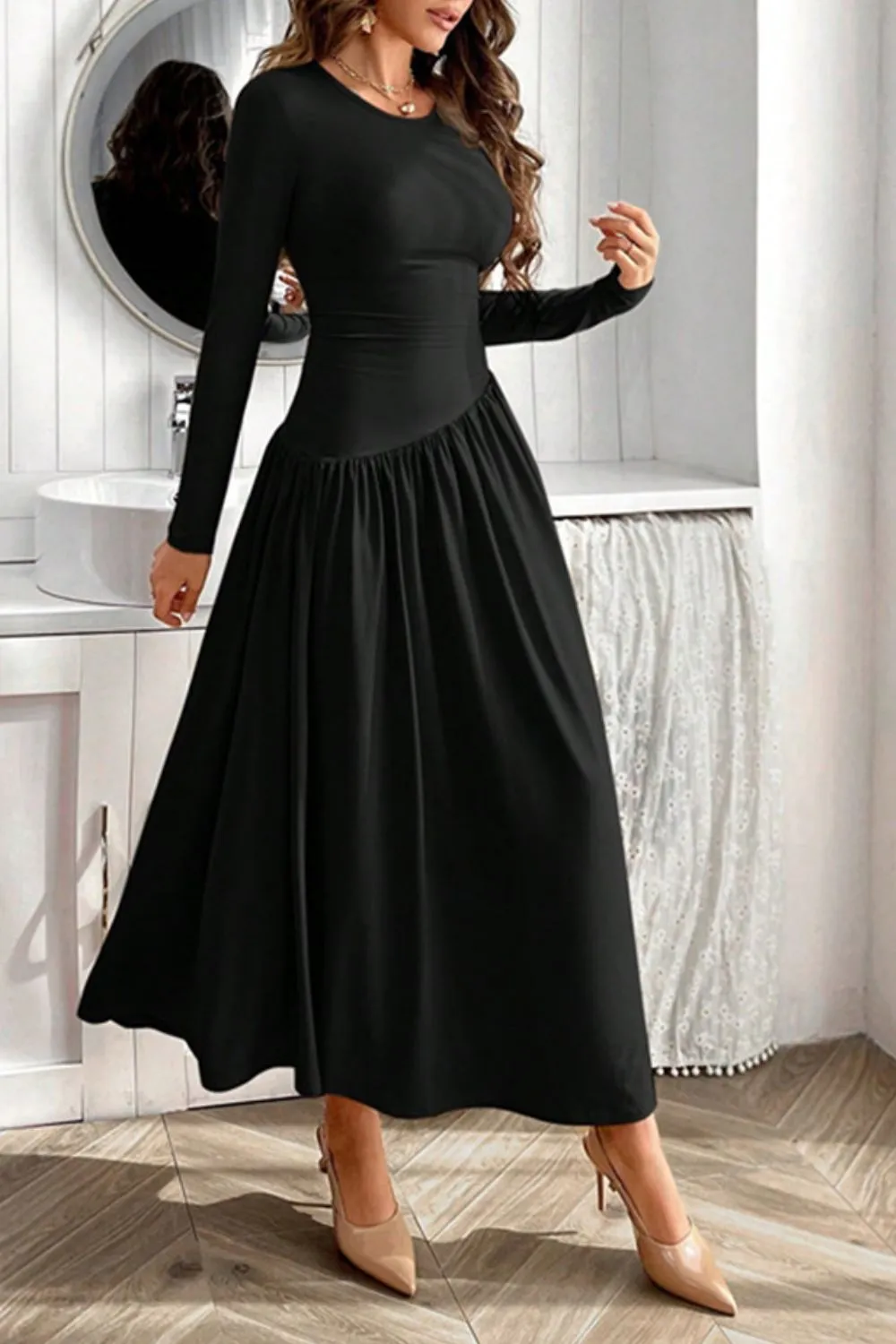 Ruched Round Neck Long Sleeve Dress, image 2