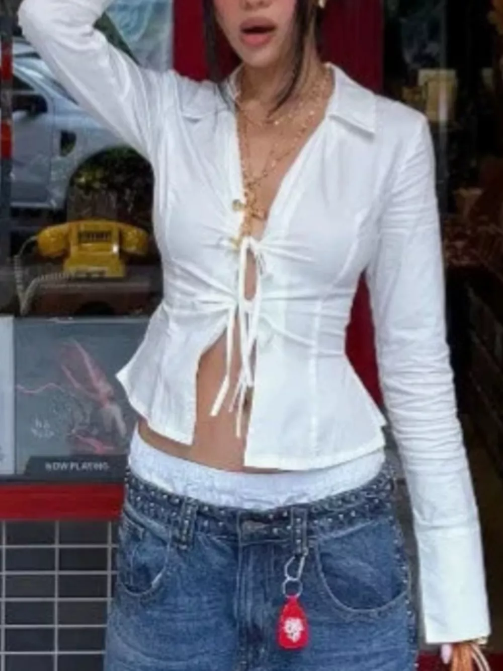 Slim-Fit Tie Front Long Sleeve Shirt, image 2