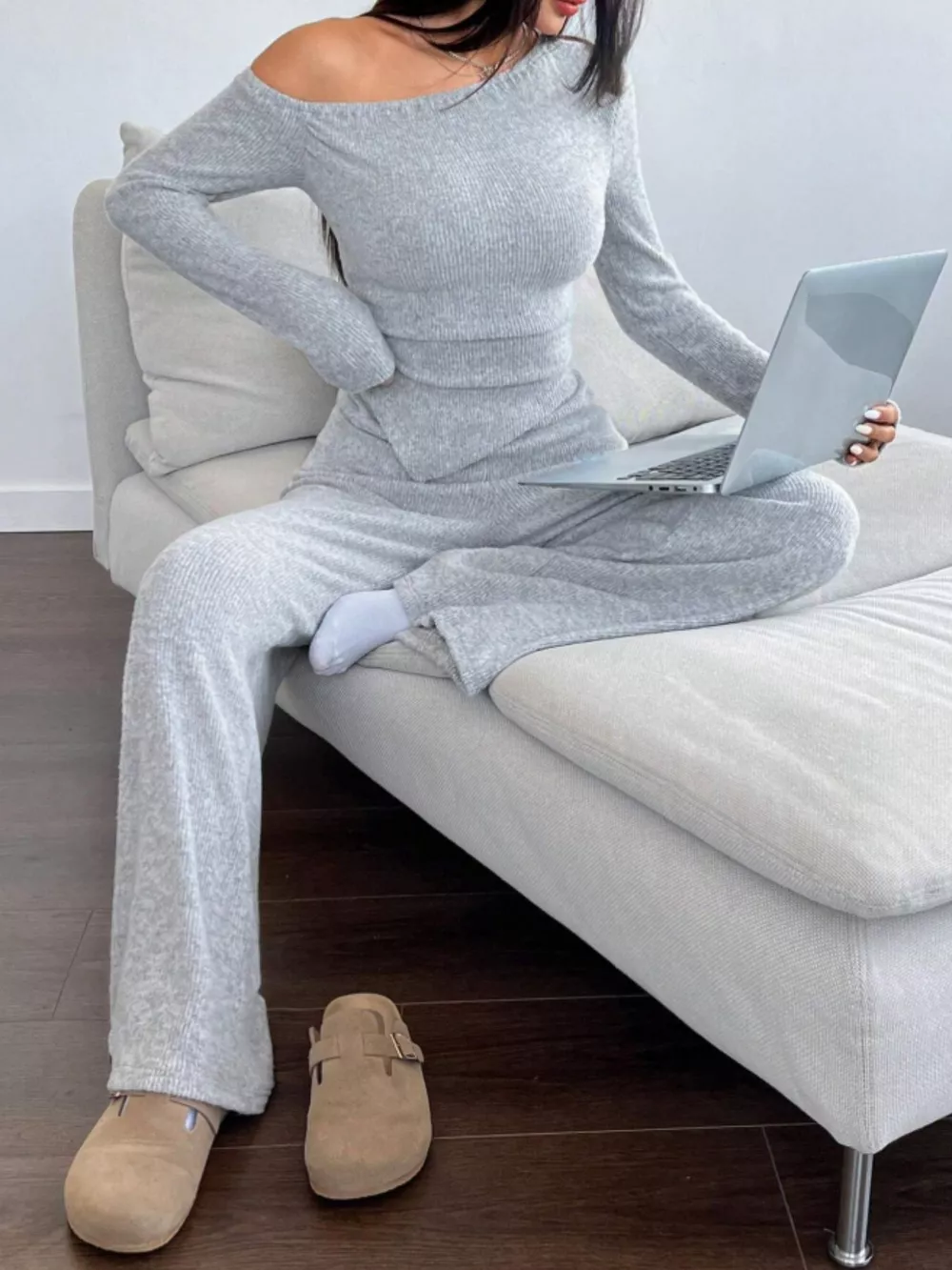 One-Shoulder Long Sleeve Top and Pants Set, image 2