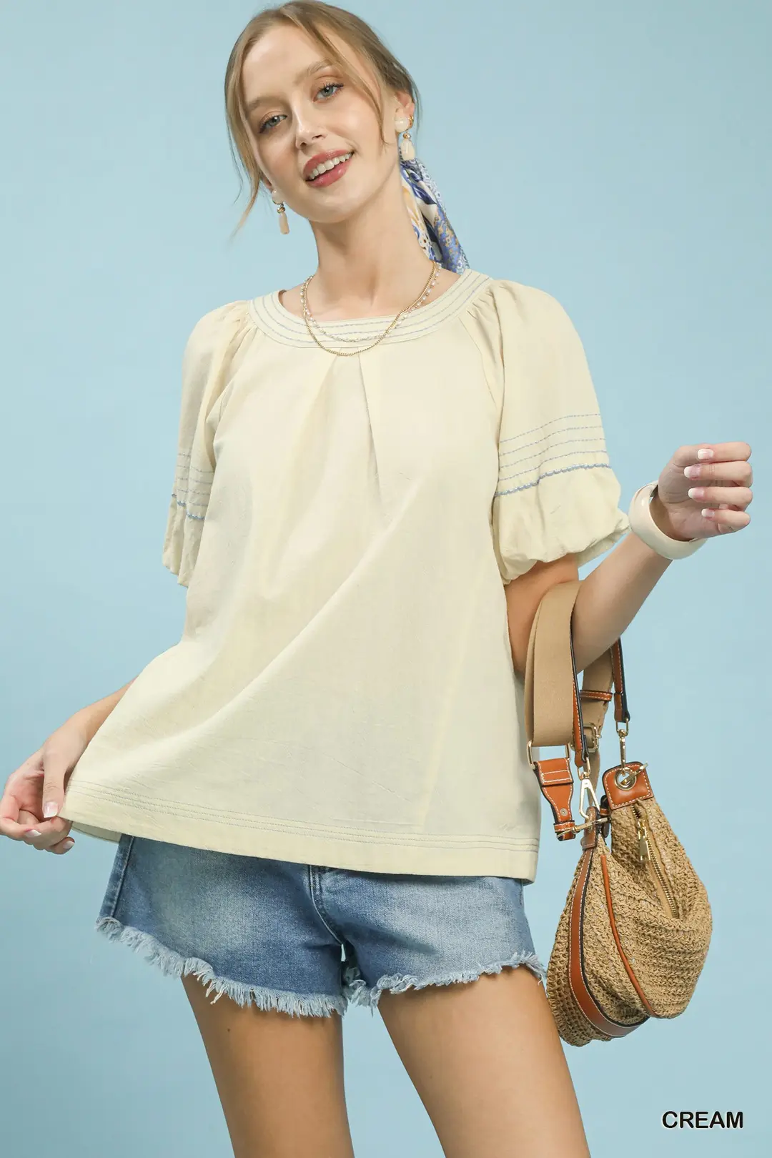 Round Neck Puff Sleeve Top with Contrast Stitch Detail