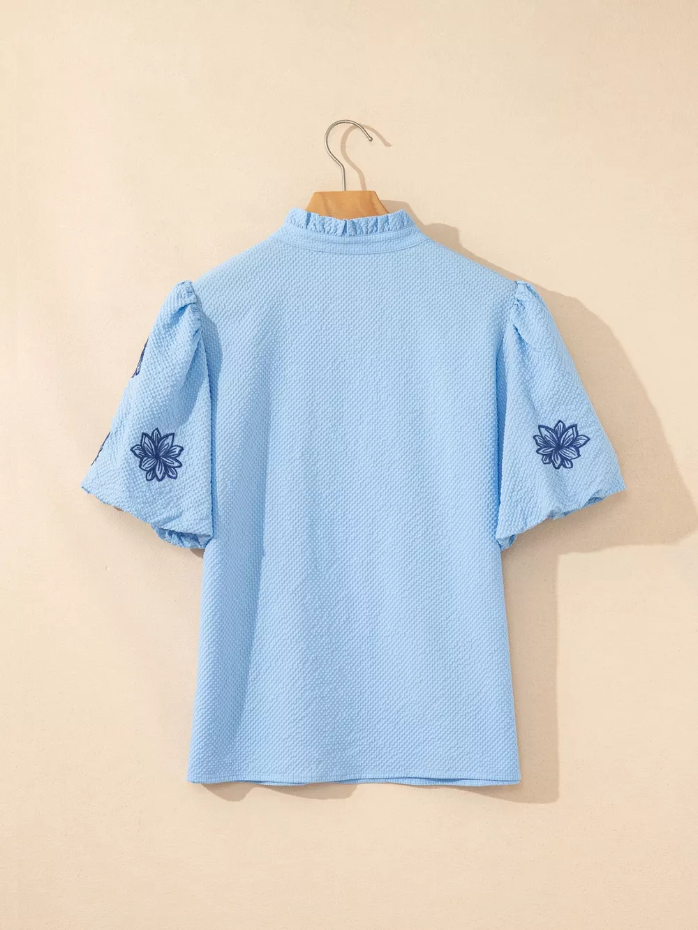 Flower Embroidered Puff Sleeve Split Neck Textured Blouse, image 2