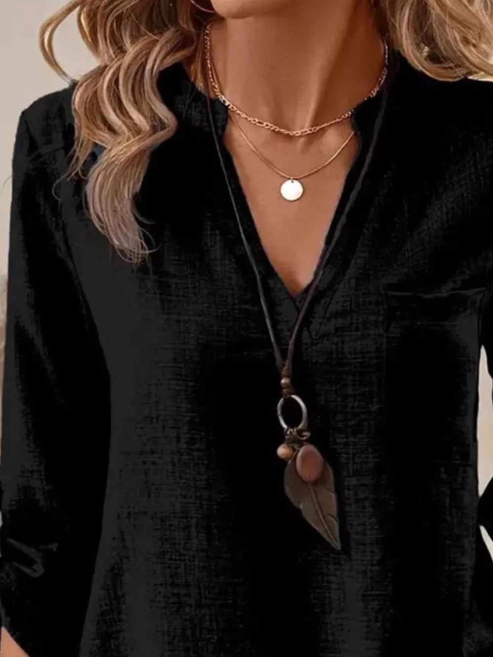 Roll-Up Sleeve Notched Blouse, image 2