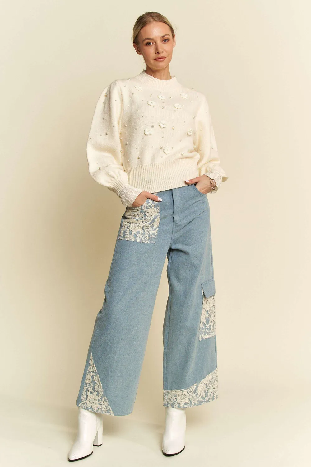 Lace Applique Wide Leg Jeans, image 2