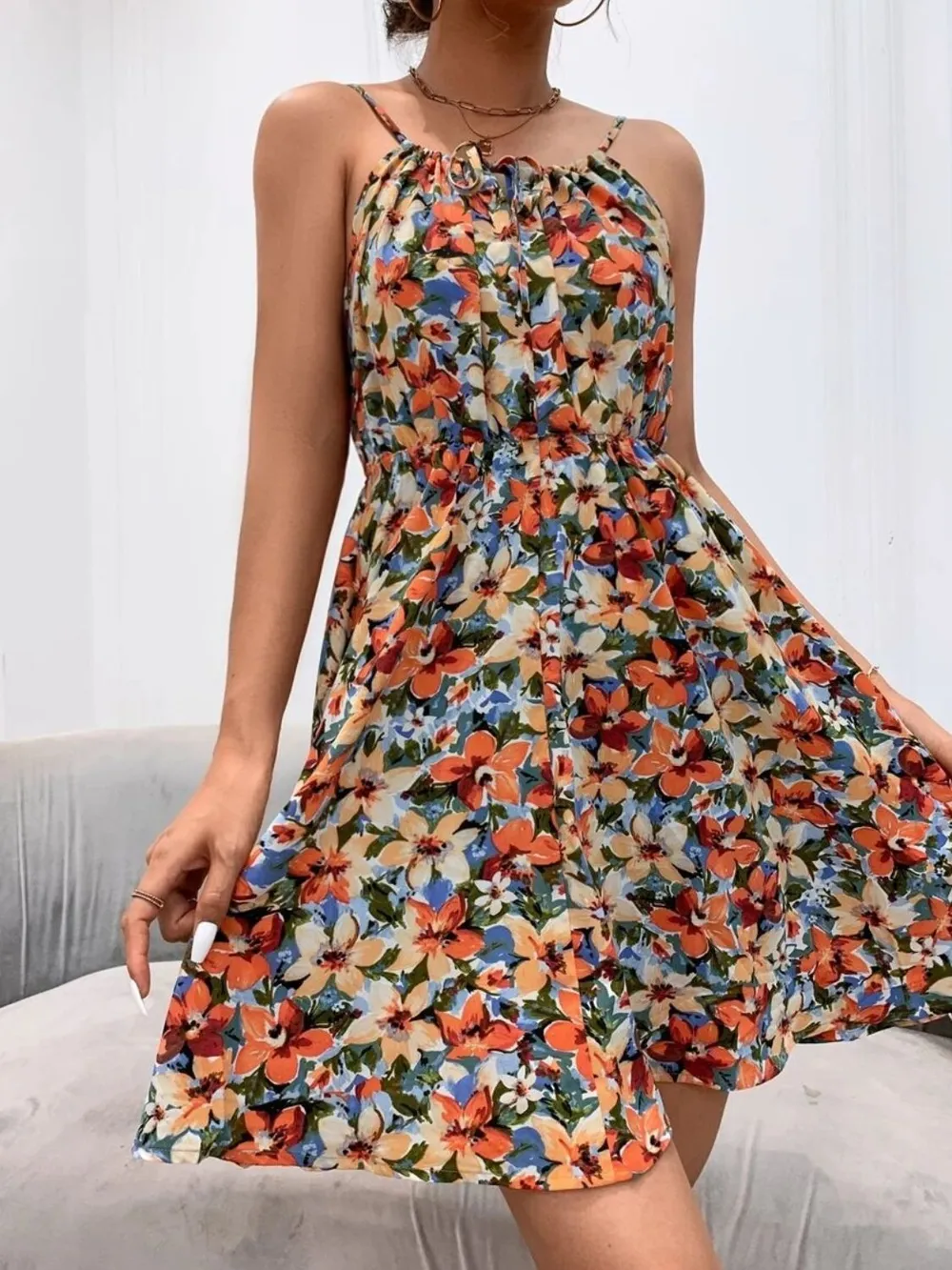 Floral Print Spaghetti Strap Summer Mini Dress, image 4