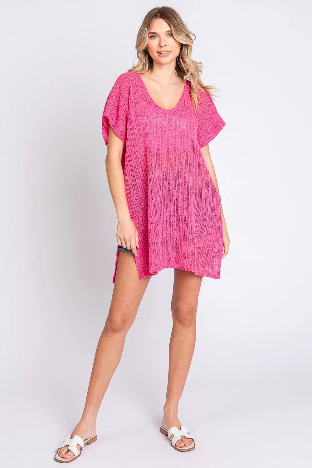 Short Sleeve Side Slit Knit Cover Up Dress, image 5