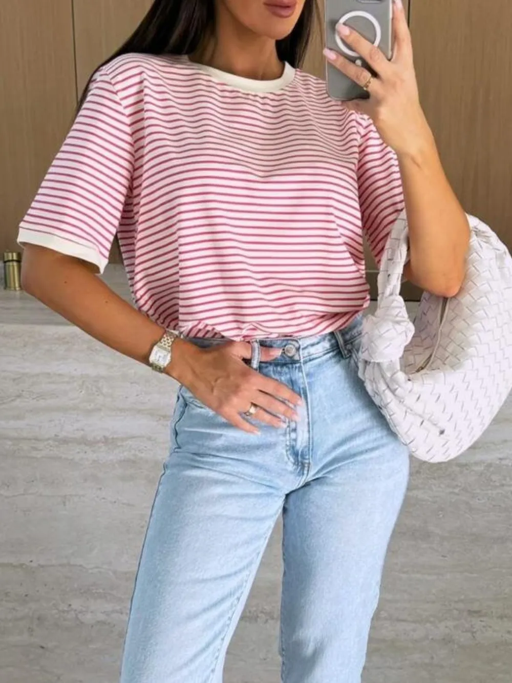 Striped Round Neck Short Sleeve T-Shirt, image 4