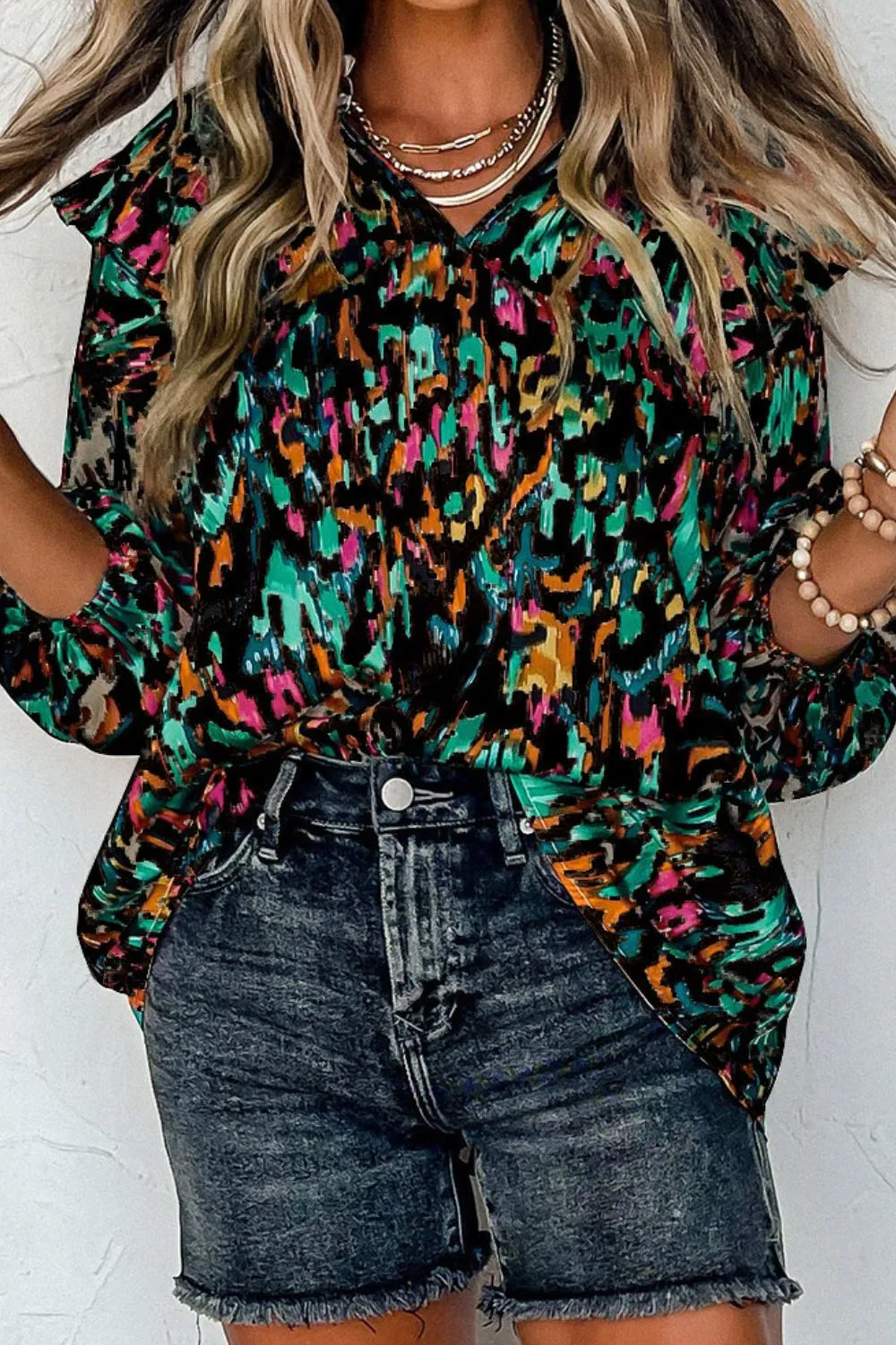 Abstract Print 3/4 Sleeve Ruffle Blouse, image 5