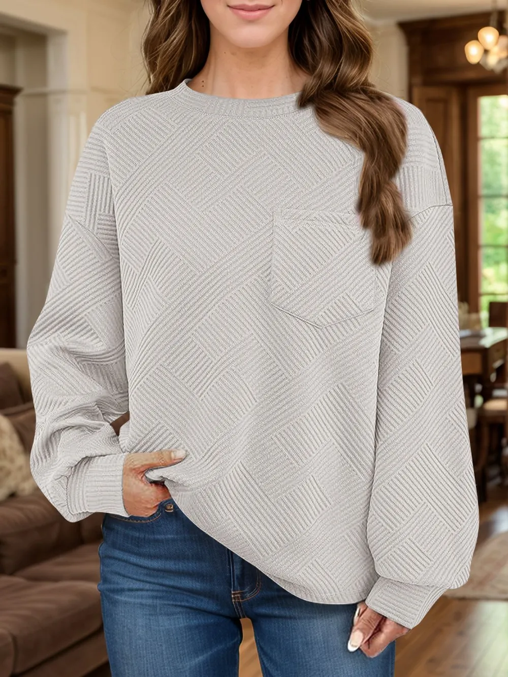 Full Size Texture Round Neck Long Sleeve Sweatshirt, image 13