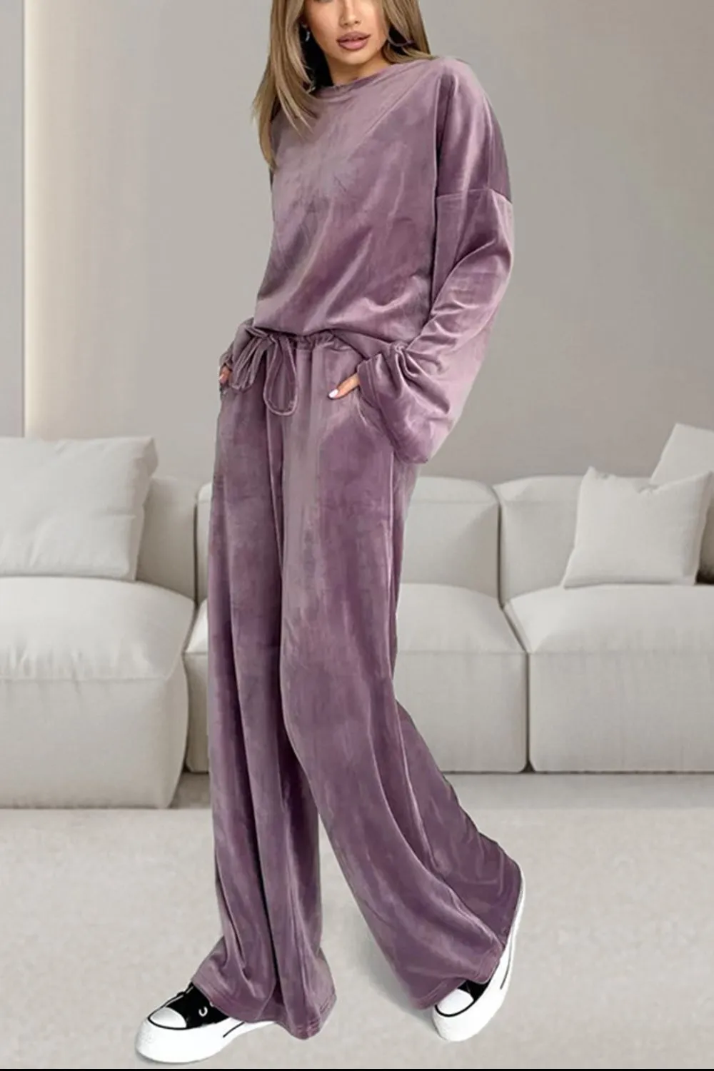 Buttery-Soft Round Neck Long Sleeve Top and Drawstring Pants Set, image 6