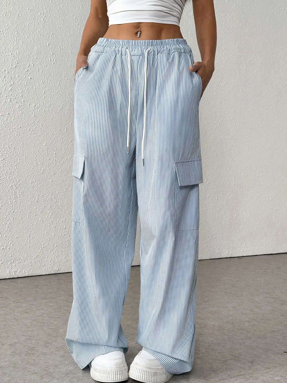 Drawstring Striped Wide Leg Cargo Pants, image 2