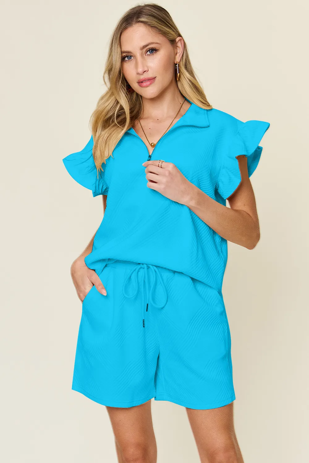Full Size Texture Flounce Sleeve Top and Drawstring Shorts Set, image 5