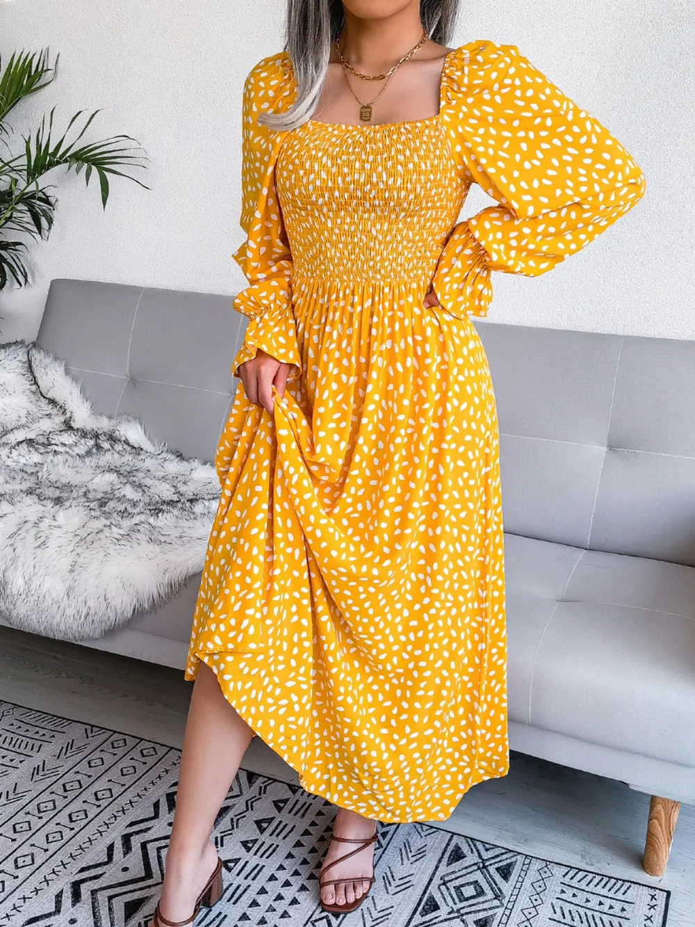 Smocked Square Neck Flounce Sleeve Dress, image 4