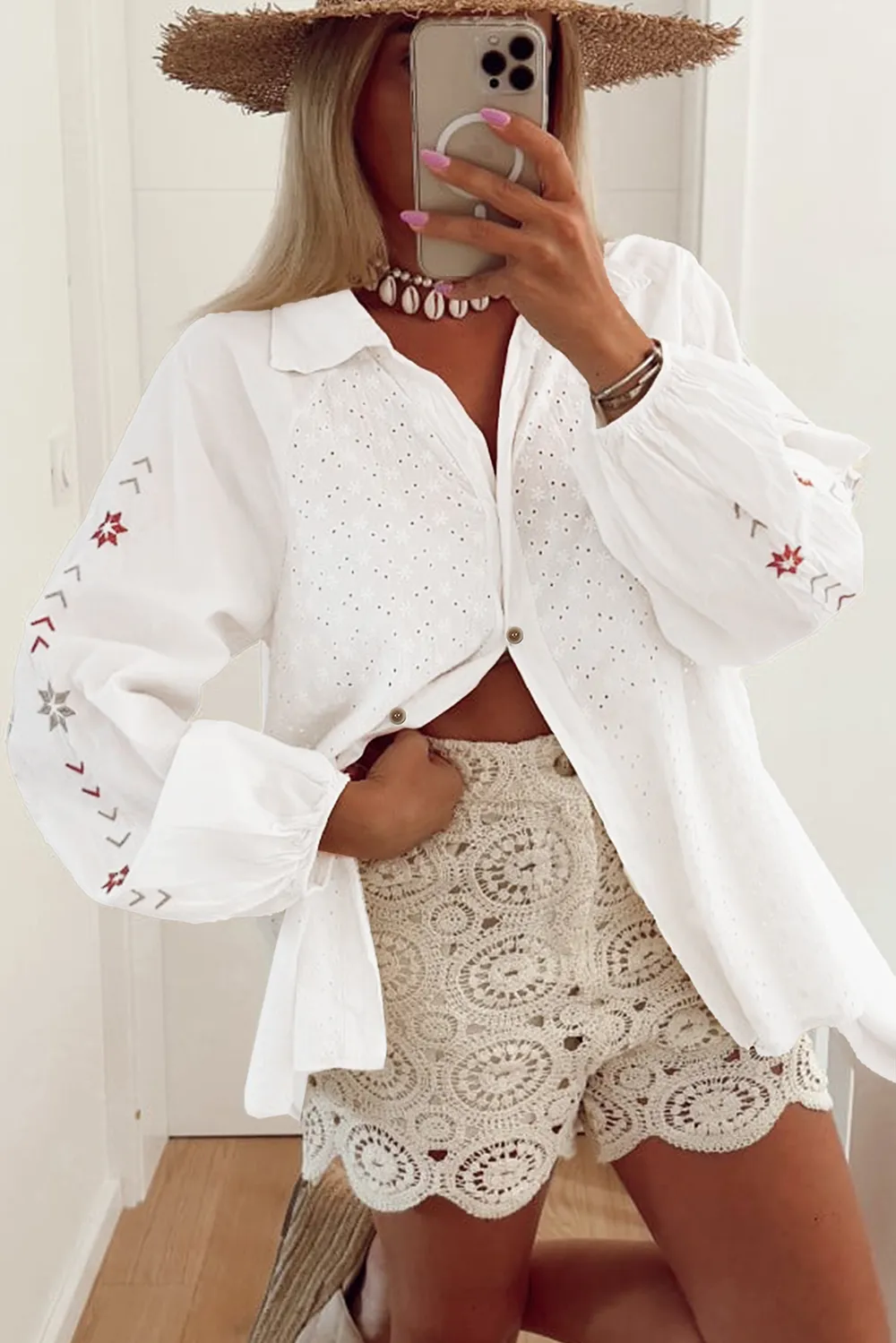 Embroidered Eyelet Collared Neck Long Sleeve Shirt, image 2