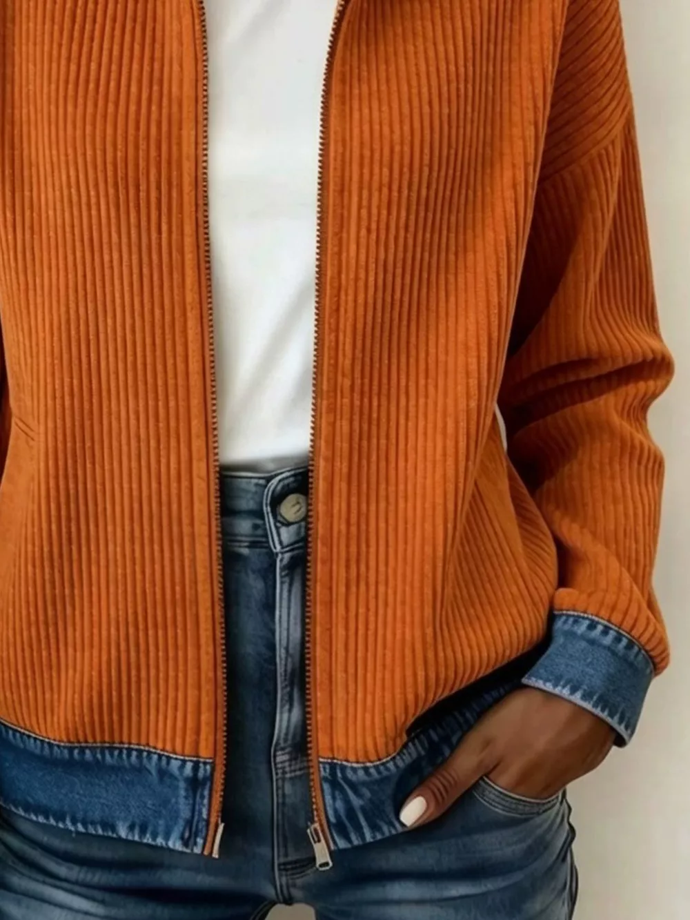 Contrast Denim Collar Ribbed Knit Jacket, image 8