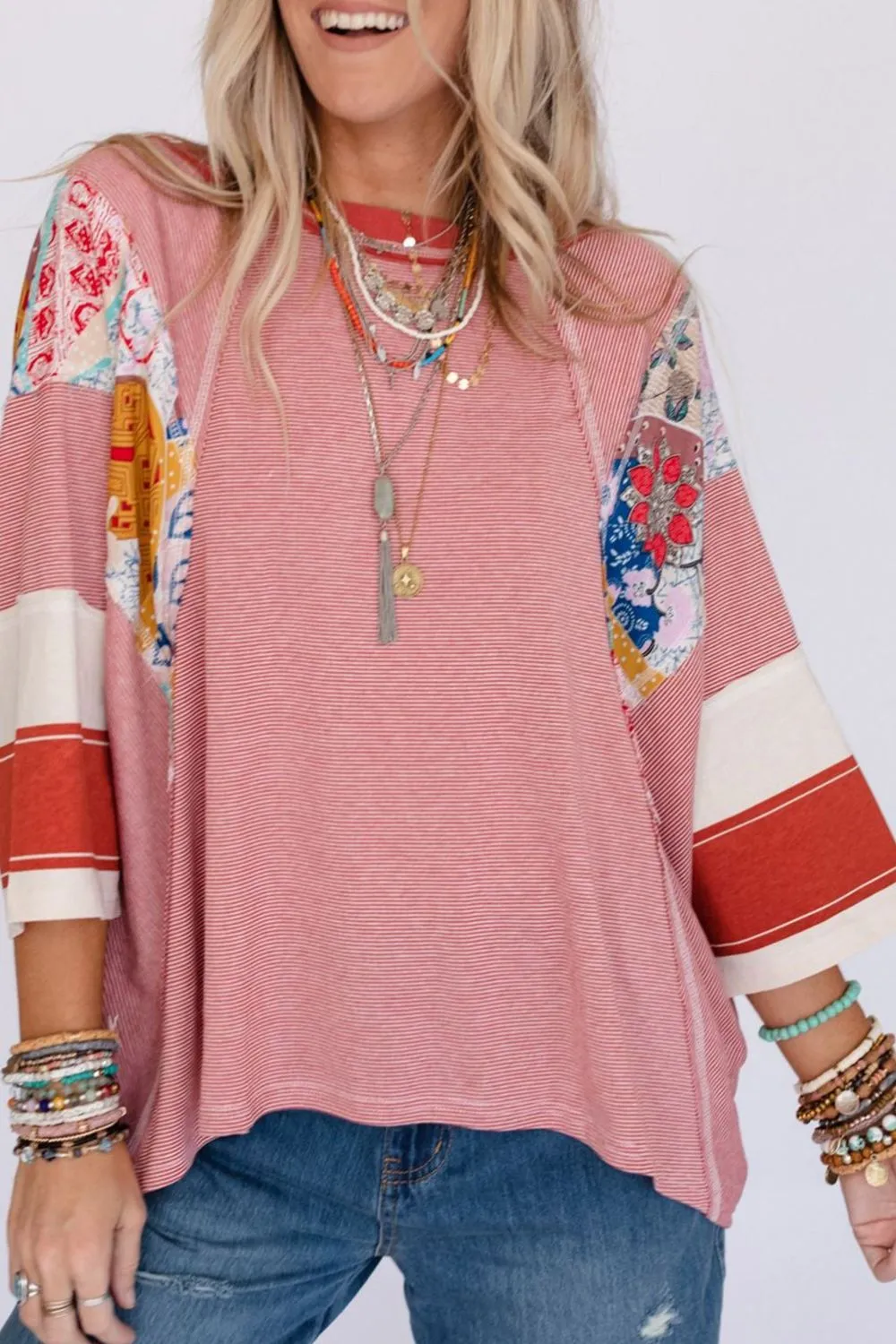 Striped Floral Patchwork Round Neck Top, image 5
