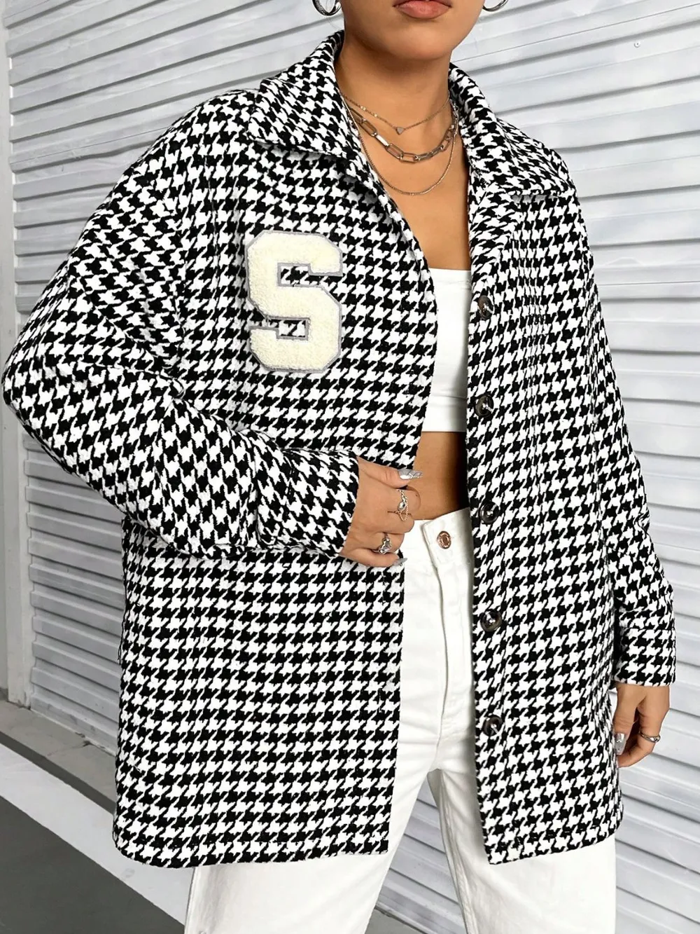 Houndstooth Button Down Long Sleeve Shacket, image 4