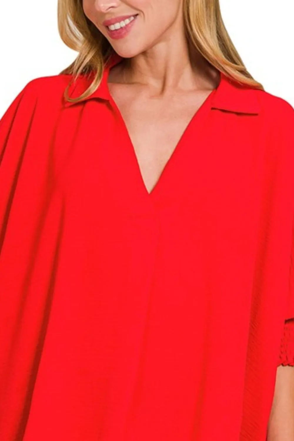 Airflow Collar Tee with Smocked Sleeve Band Top, image 2