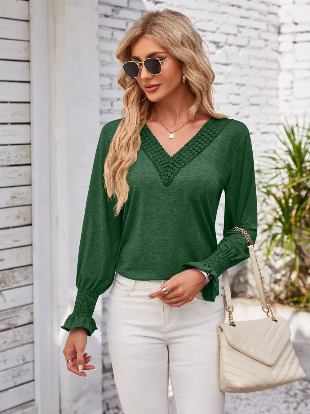 Smocked V-Neck Long Sleeve Blouse, image 19