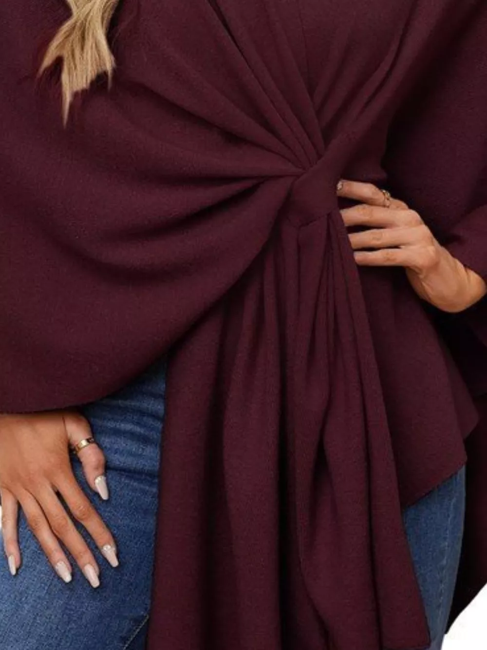 Solid Color Tie-Front Knit Cape Top, image 2