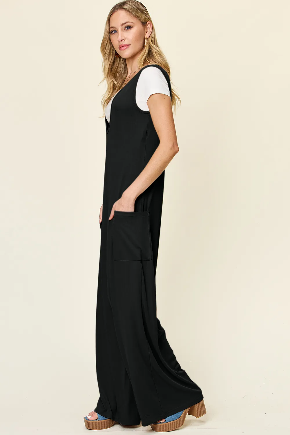 Full Size Sleeveless Wide Leg Jumpsuit with Pockets, image 2