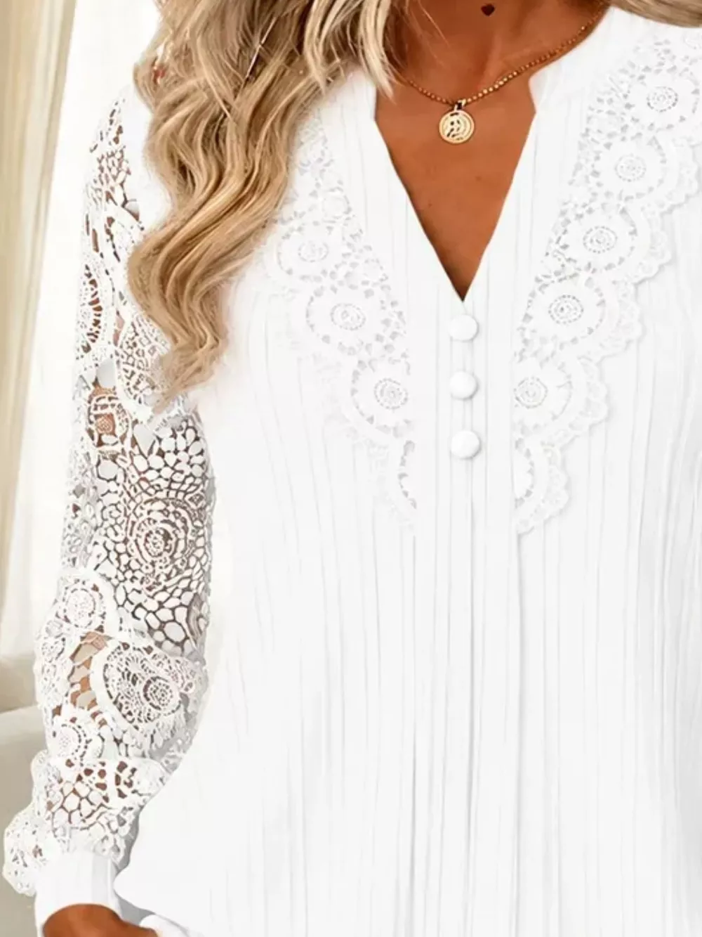 Lace Long Sleeve Notched Blouse, image 14