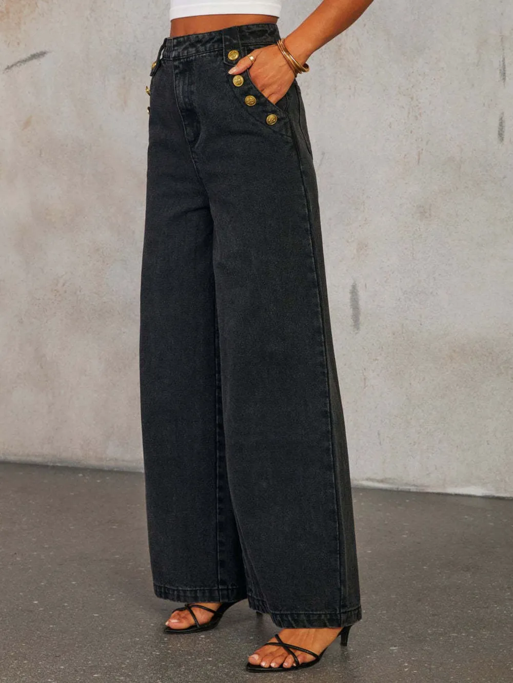 Button Decor High Rise Wide Leg Jeans, image 4