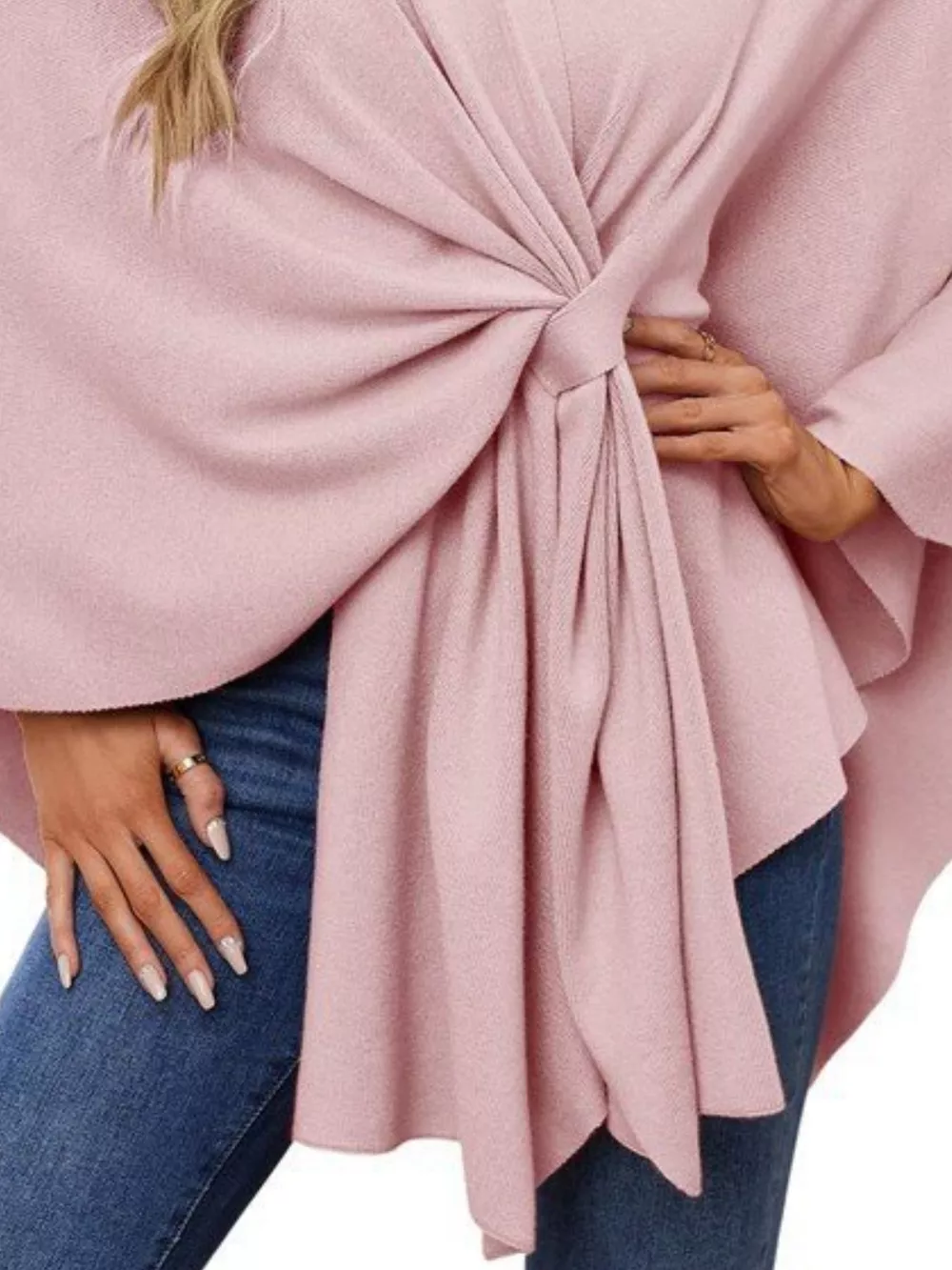 Solid Color Tie-Front Knit Cape Top, image 3