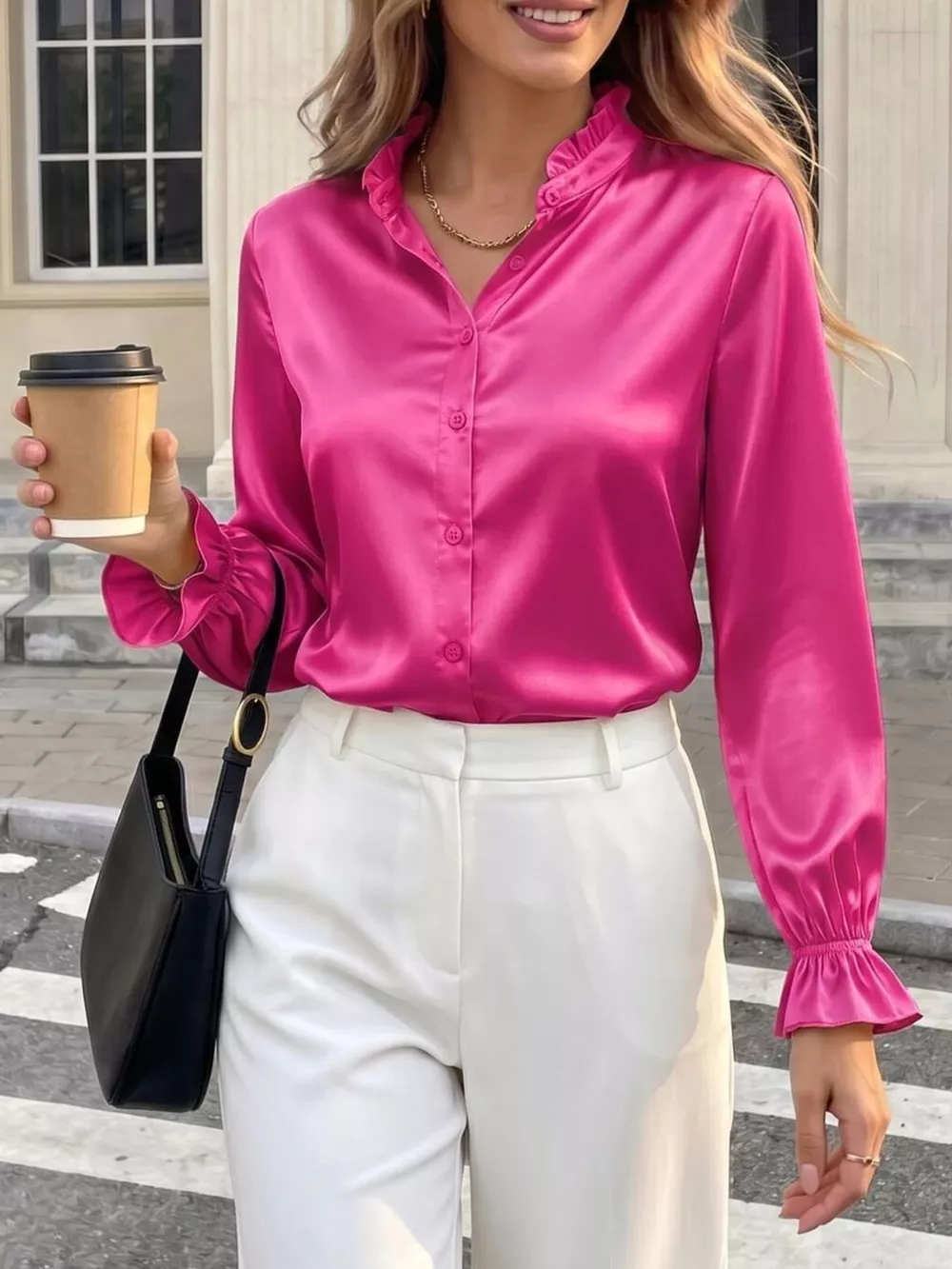 Elegant Button Down Ruffle Trim Satin Shirt, image 8