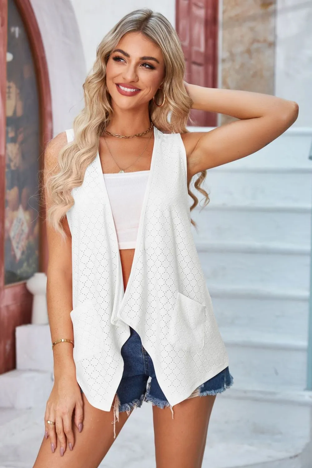 Eyelet Open Front Sleeveless Cardigan, image 6