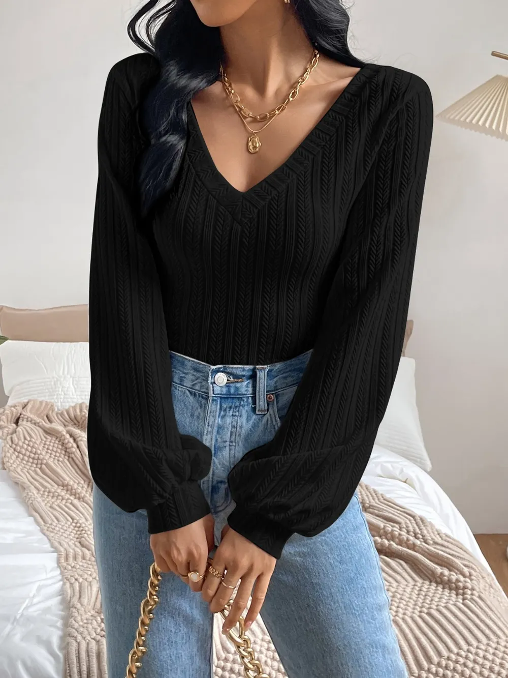 V-Neck Long Sleeve T-Shirt, image 6