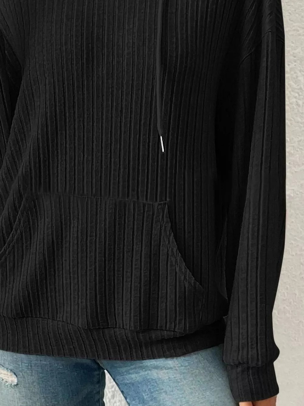 Ribbed Knit Long Sleeve Drawstring Hoodie, image 9