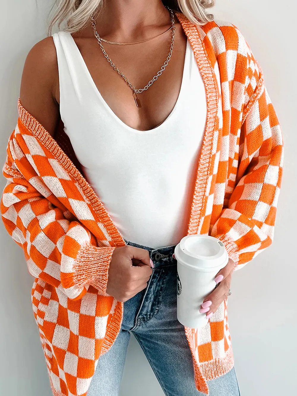 Checkered Pattern Open Front Cardigan, image 3