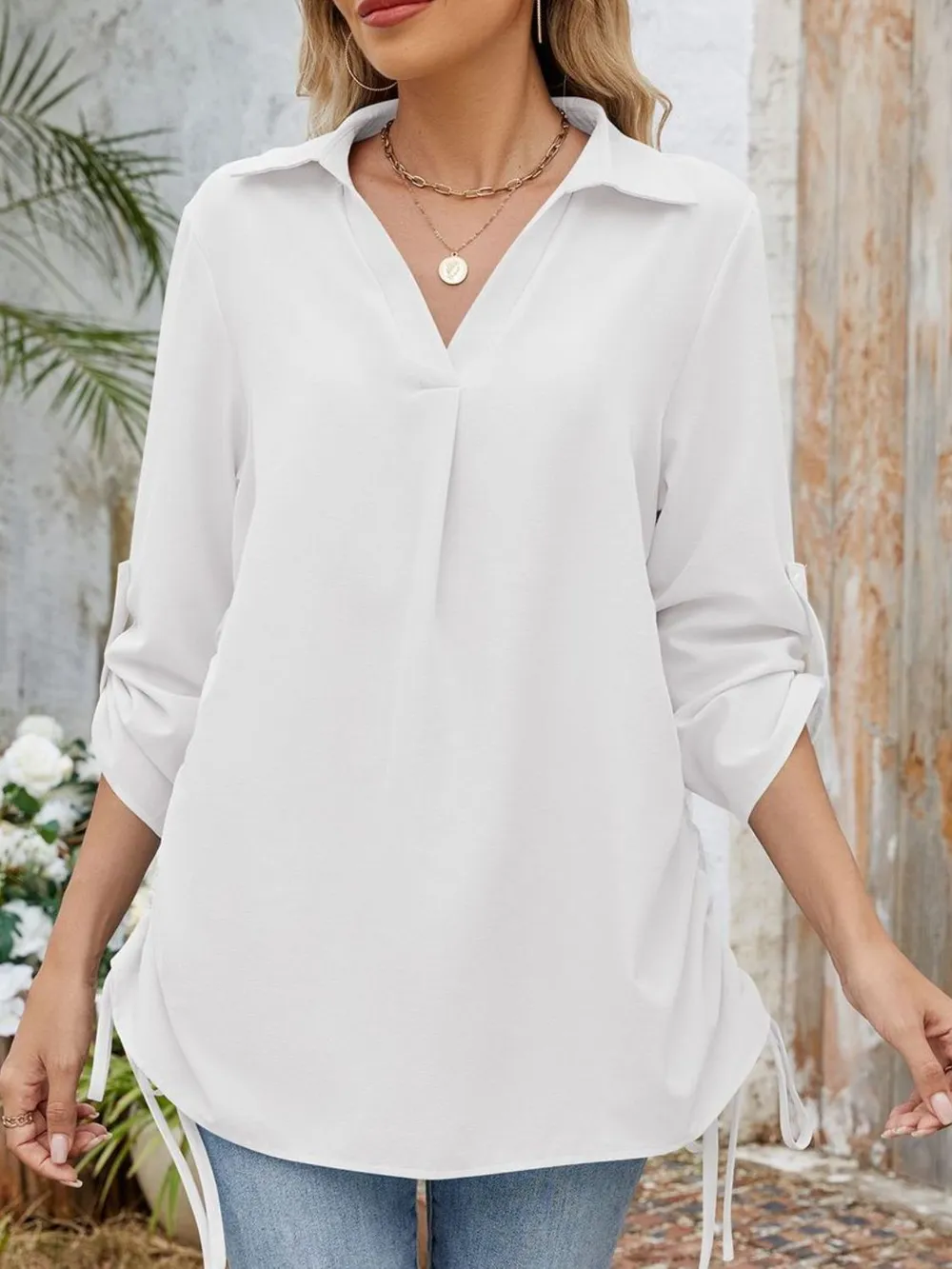 Drawstring Johnny Collared Three-Quarter Sleeve Top, image 22