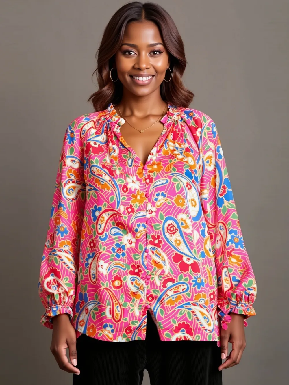 Full Size Satin Paisley Ruffle Neck Button-Up Shirt Plus Size, image 2