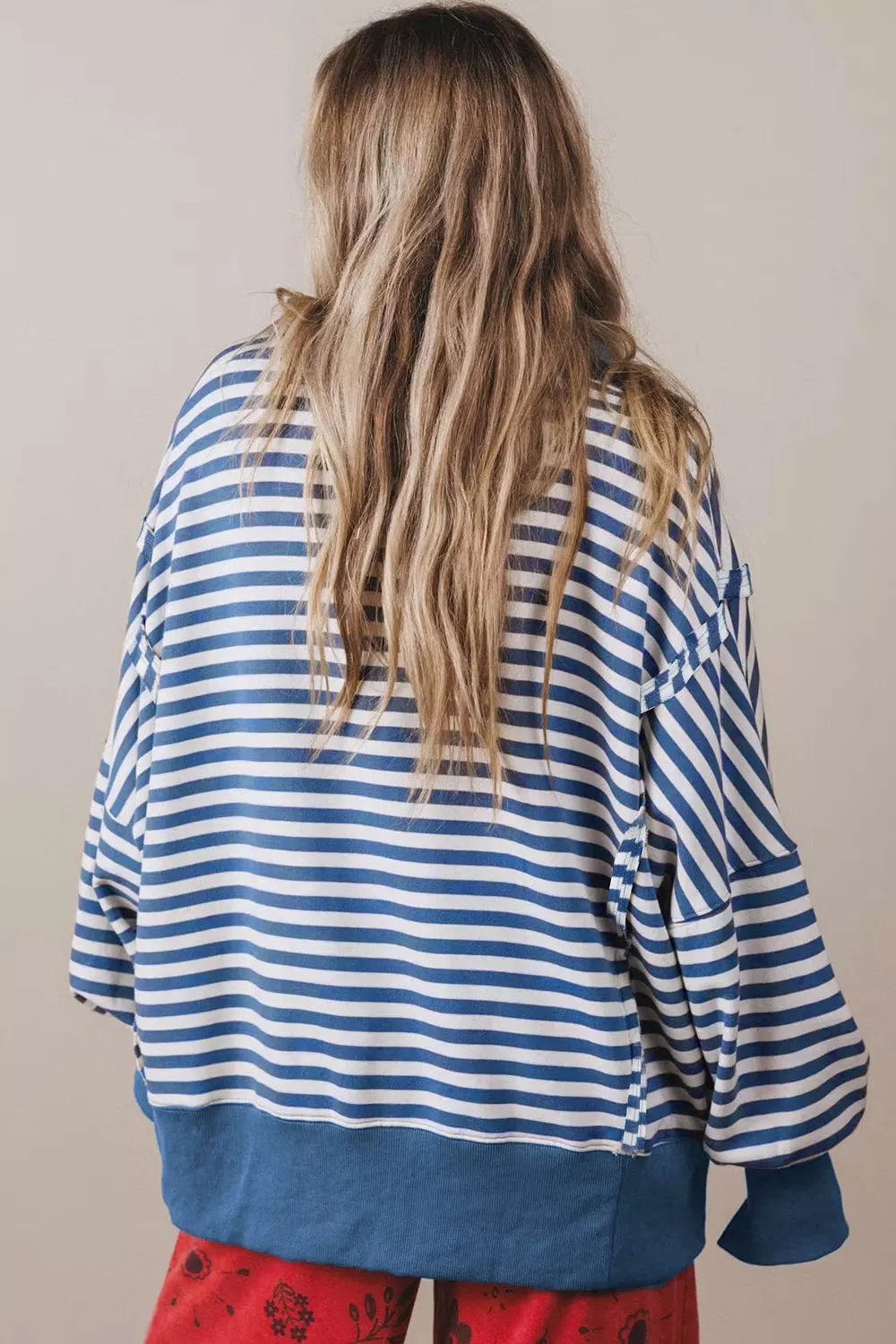 Stripe Color Block Trim Raw Seam Split Hem Loose Sweatshirt, image 4