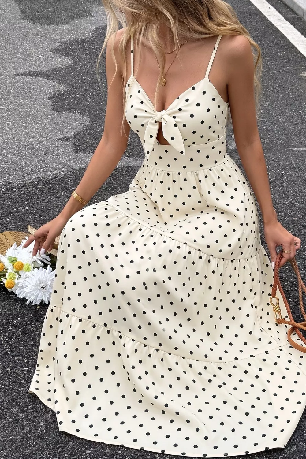 Polka Dot Tie-Front Cutout Maxi Dress, image 4