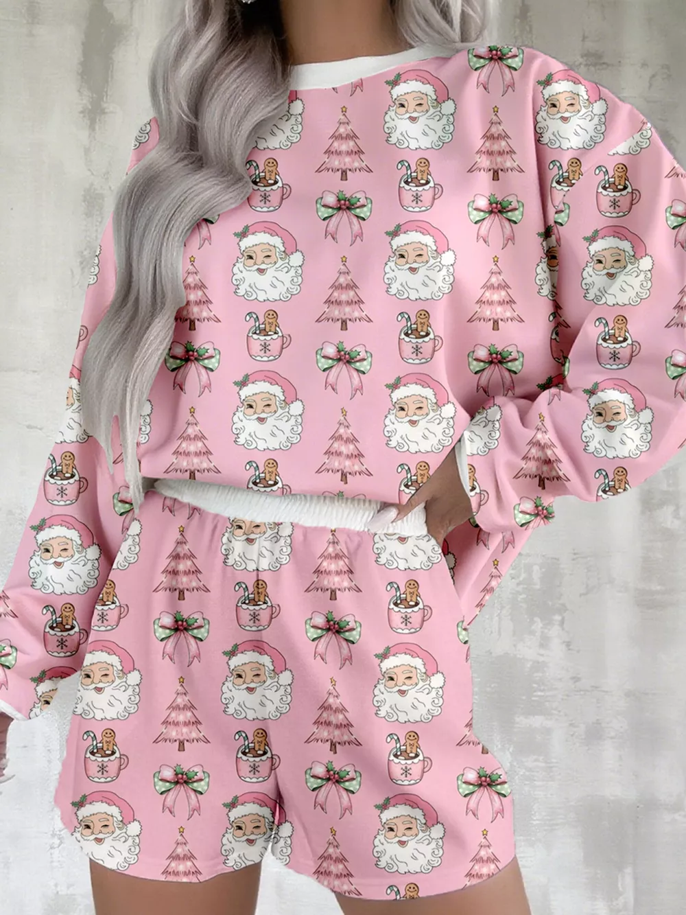 Christmas Santa Print Round Neck Top and Shorts Lounge Set, image 2