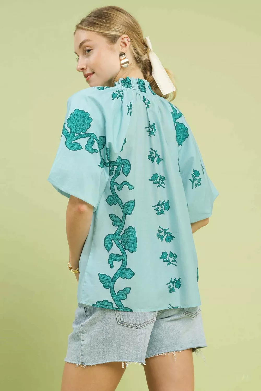 Floral Smocked Notched Puff Sleeve Blouse, image 3