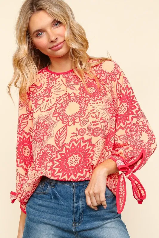 Ribbon Bow Detail Floral Round Neck Blouse, image 4