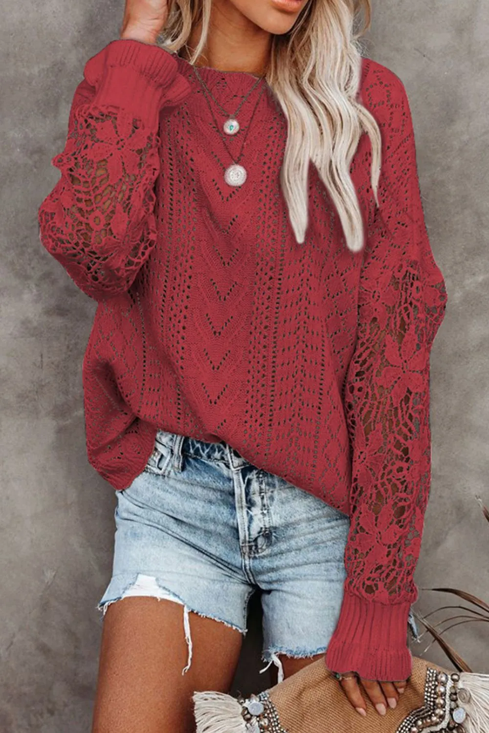 Openwork Round Neck Long Sleeve Sweater, image 6