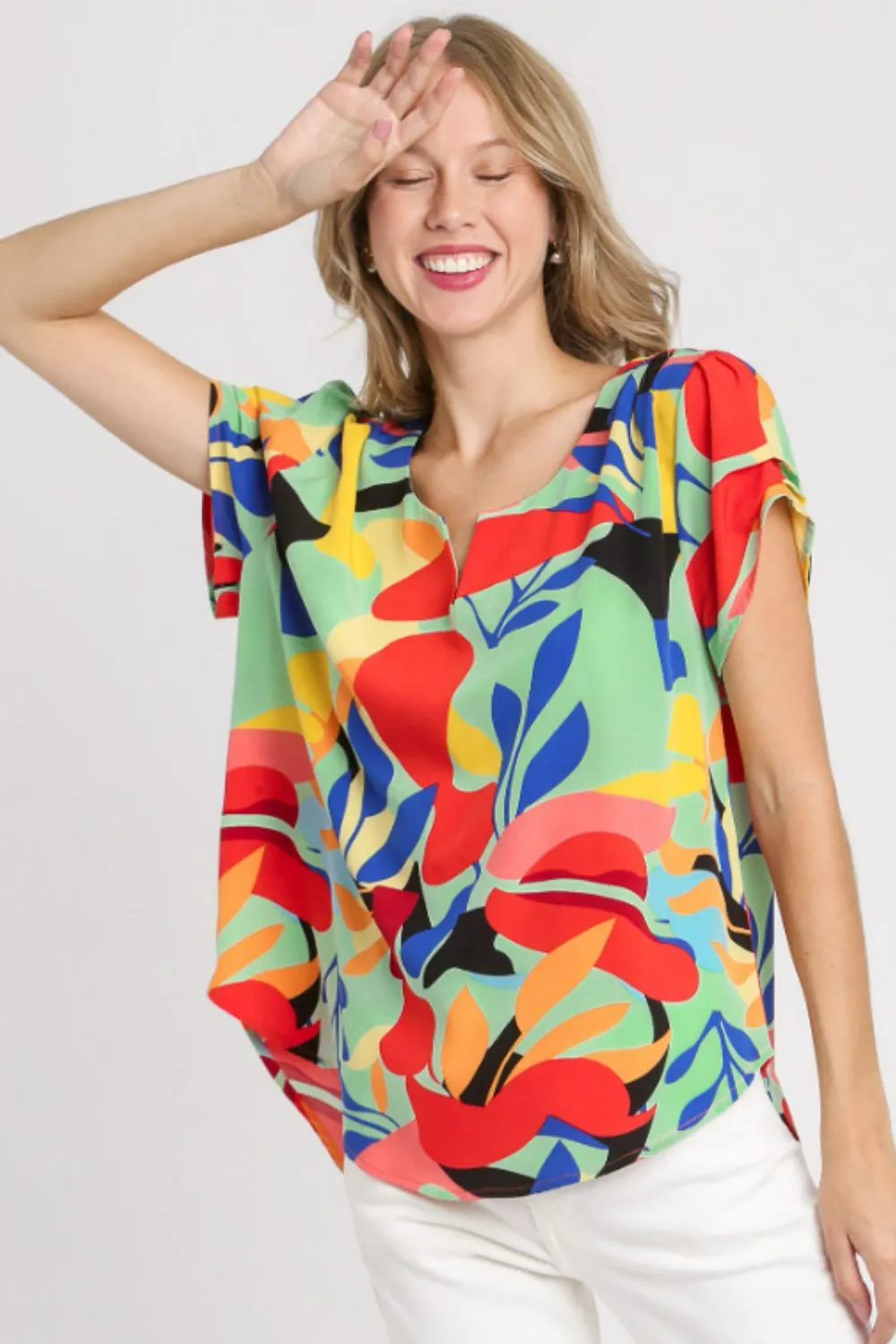 Full Size Short Sleeved Abstract Print Top Plus Size