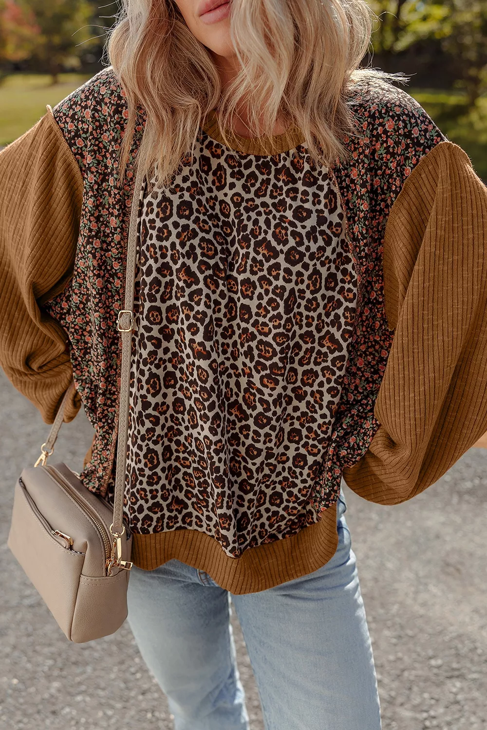 Leopard Floral Print Ribbed Puff Sleeve Patchwork Loose Sweatshirt, image 4