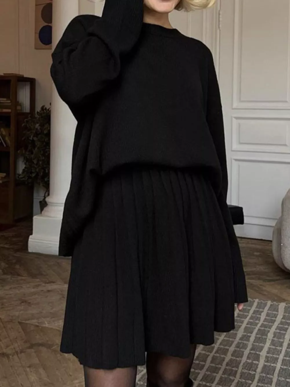 Round Neck Top and Pleated Skirt Sweater Set