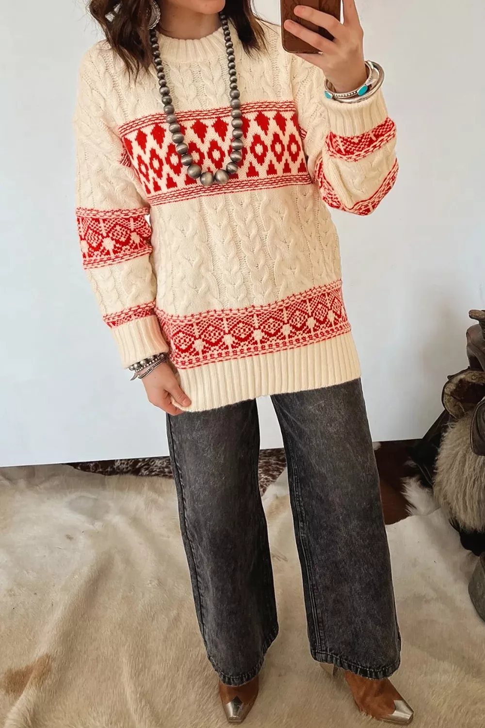 Western Print Round Neck Long Sleeve Shift Sweater, image 2