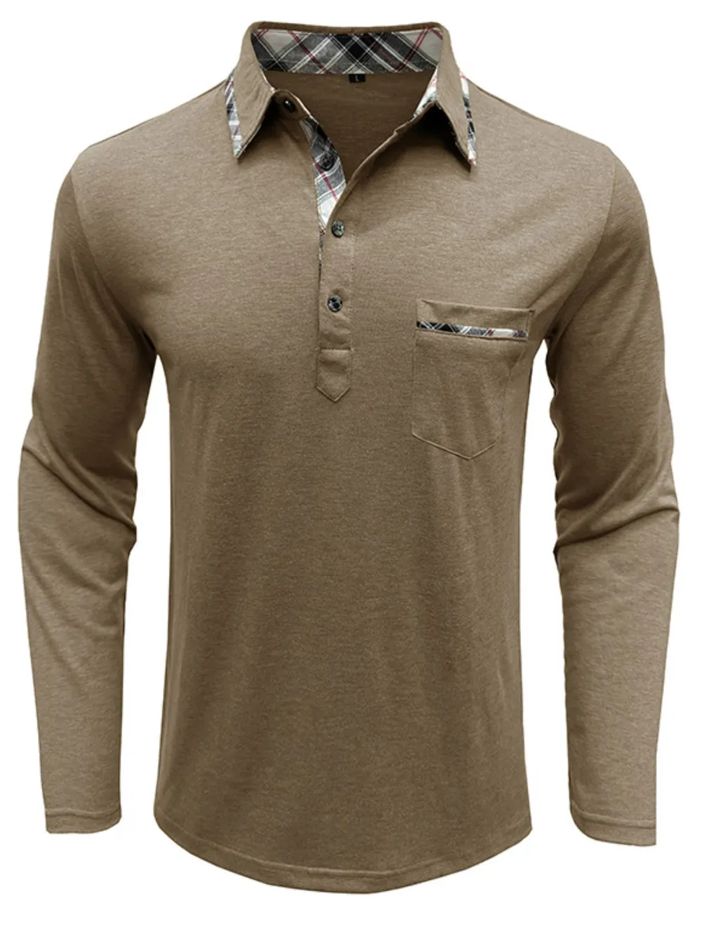 Men's Full Size Plaid Collar Neck Long Sleeve Polo Shirt Plus Size, image 4