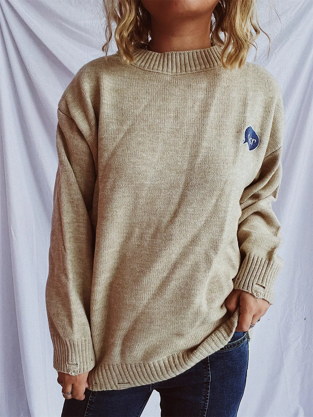 Embroidered Round Neck Dropped Shoulder Sweater, image 12