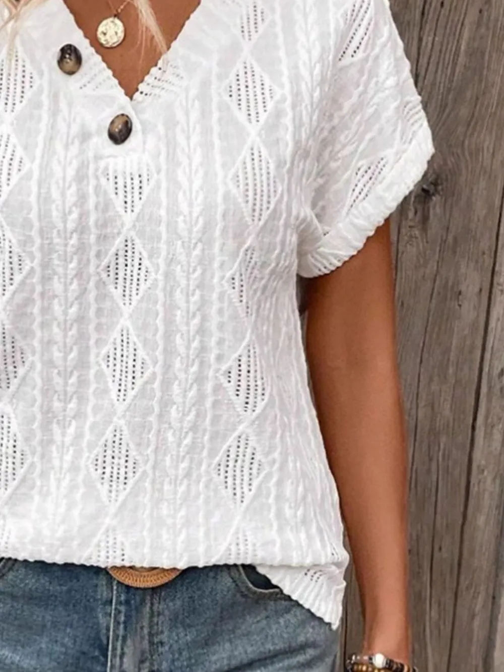 Textured V-Neck Short Sleeve Top, image 3
