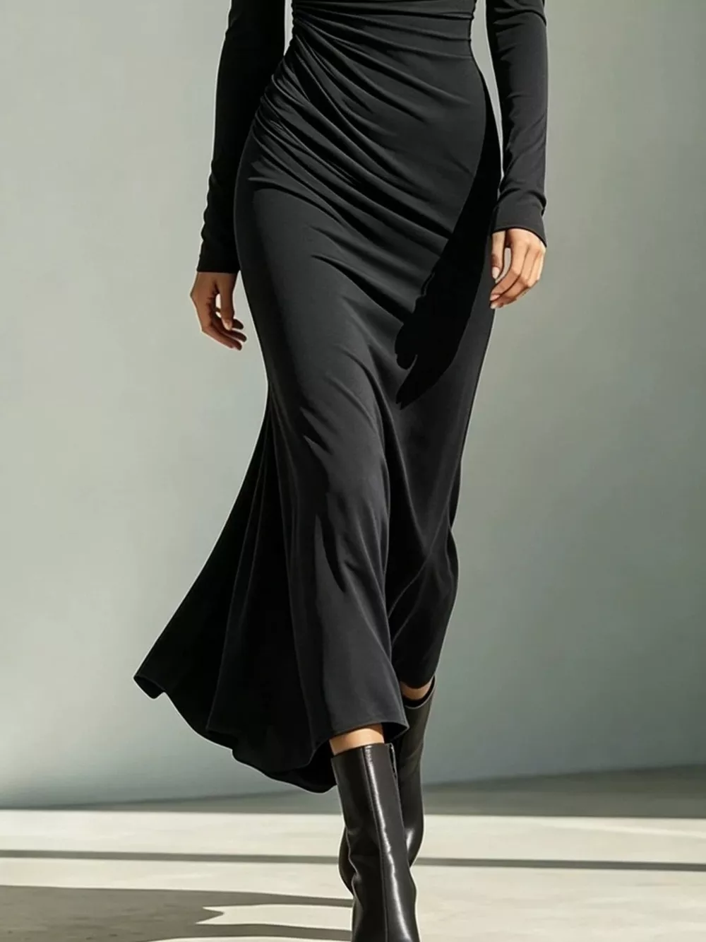 Asymmetrical Neck Ruched Long-Sleeve Dress, image 9