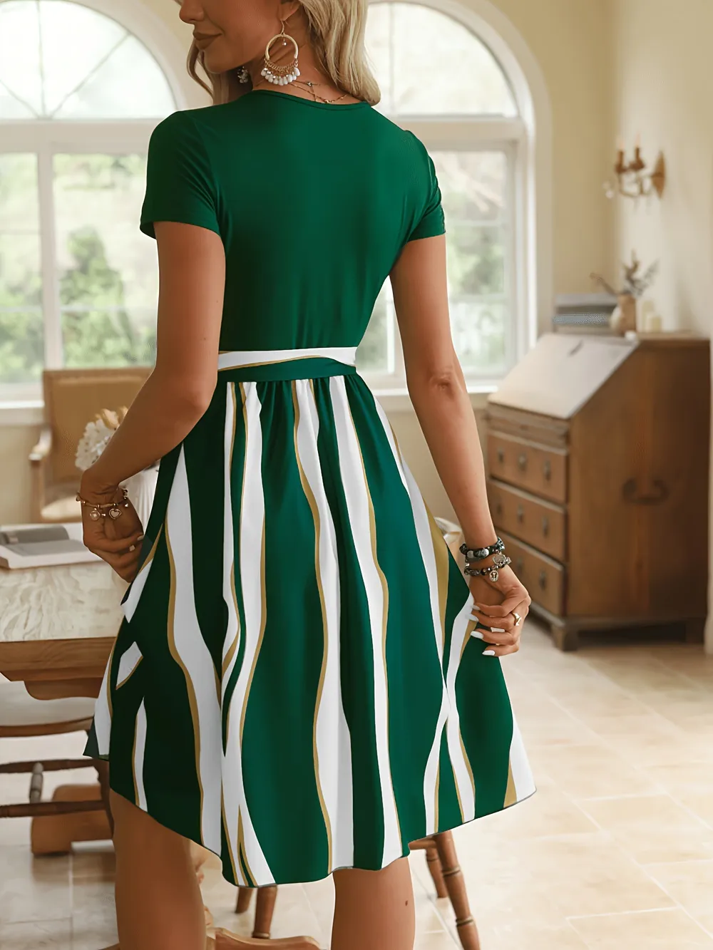 Striped Short Sleeve Tie Waist Dress, image 3