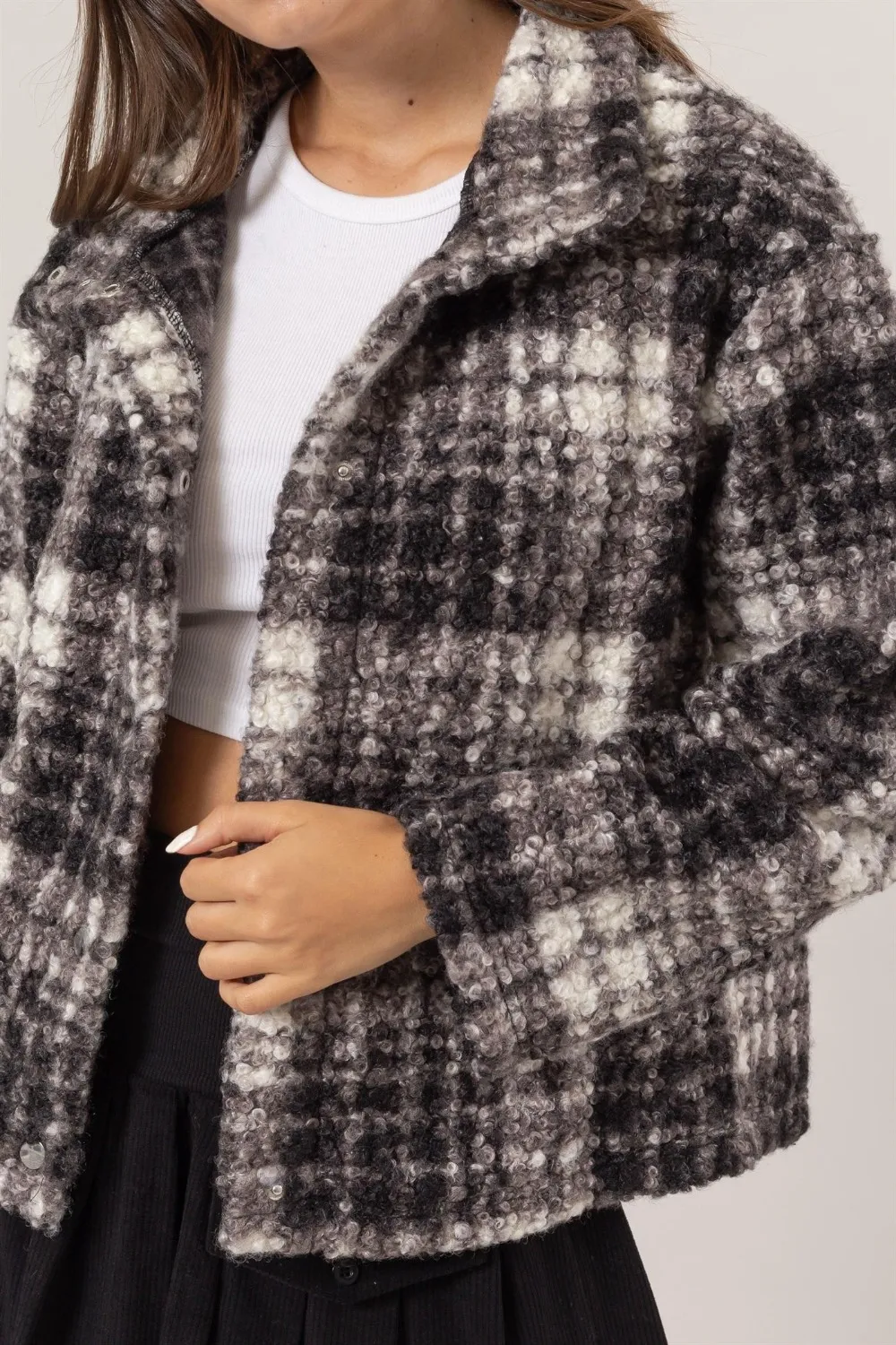 Plaid Collared Neck Boucle Jacket with Pockets, image 2